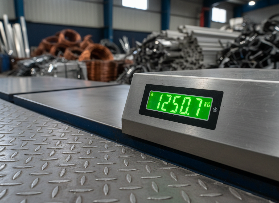 A close, meticulously detailed photographic shot of a digital weighing scale display showing a clear, bright green readout of a heavy metal load in kilograms, mounted on a brushed stainless steel panel. In the foreground, the edge of a sturdy, textured steel platform with visible diamond plate pattern leads the eye toward the screen. Behind the scale, stacks of sorted metal scrap—aluminum profiles, copper wire coils, and steel offcuts—are softly blurred, suggesting a busy yet organized buying operation in Istanbul. Cool, focused overhead lighting illuminates the scale and creates gentle reflections on the metal surfaces. Framed tightly from a slight angle, the image conveys precision, transparency, and fairness in pricing, reinforcing trust in professional scrap metal purchasing services.