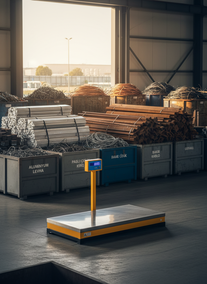 A neatly organized scrap metal collection yard in Istanbul, filled with stacked, sorted piles of shiny aluminum sheets, rusted steel beams, and coiled copper cables, each material clearly separated in labeled industrial containers. In the midground, a bright yellow digital weighing scale platform stands clean and ready, surrounded by neatly swept concrete flooring. Soft late afternoon natural light filters in from the open warehouse entrance, creating gentle reflections on metallic surfaces and subtle shadows between the stacks. Captured at eye level with sharp focus throughout, the composition emphasizes order, professionalism, and cleanliness. The photographic realism and clean, modern aesthetic convey a trustworthy, well-managed metal scrap purchasing facility without any clutter or human presence.