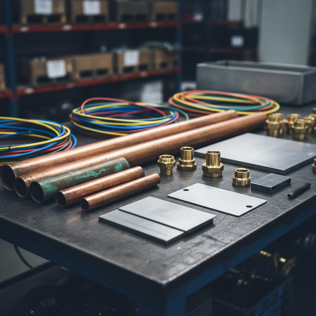 Close-up photographic view of a carefully arranged assortment of scrap metals laid out on a smooth, dark industrial workbench: thick copper pipes with oxidized turquoise edges, bundles of colorful insulated electrical cables, brushed stainless steel plates, and brass fittings with a warm golden sheen. Each piece is meticulously positioned to show texture, weight, and value. Cool, diffused studio lighting from above highlights the metallic surfaces, creating crisp reflections and soft shadows that add depth. The background falls into a gentle blur with hints of an organized warehouse environment. Shot from a slightly elevated angle with shallow depth of field, the mood is professional and precise, emphasizing quality evaluation and fair pricing of various metal types for a scrap purchasing business in Istanbul.